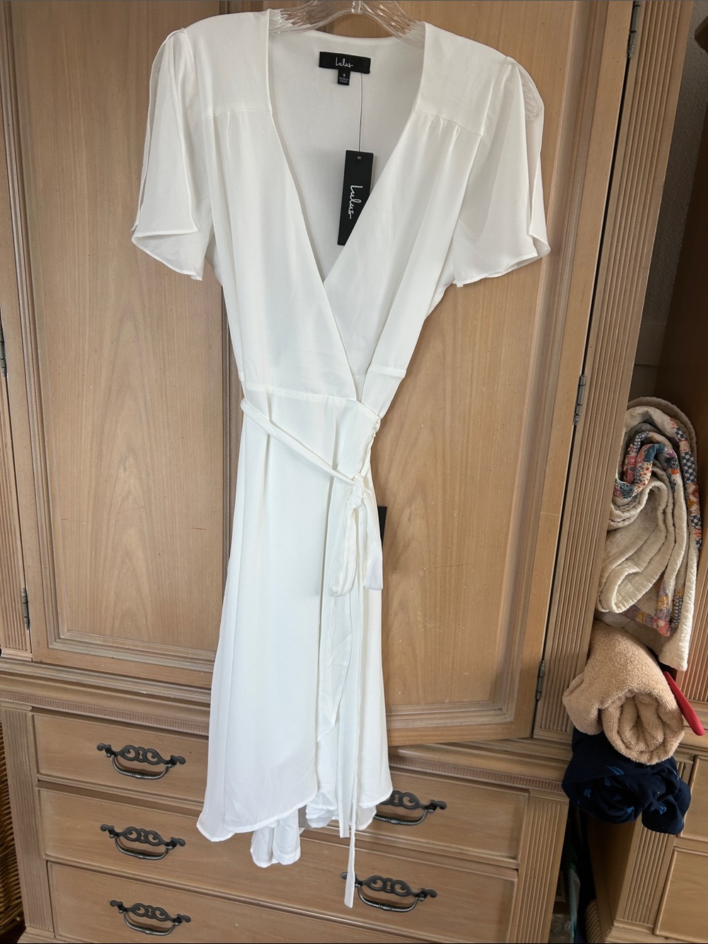Lulu's Ivory Wrap Midi Dress with Flutter Sleeves